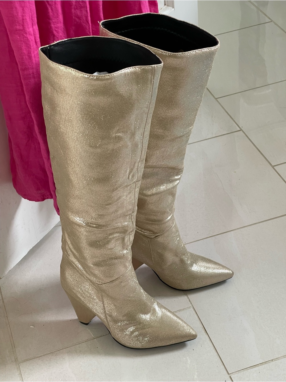 Metallic Cream Knee-High Pointed Toe Women's Boots size 36 or 5.5-6